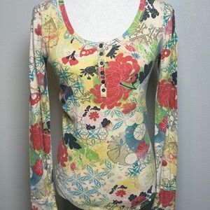 Vintage Lucky Brand Henley Top Women M Asian Floral Boho Thermal Cotton Layered